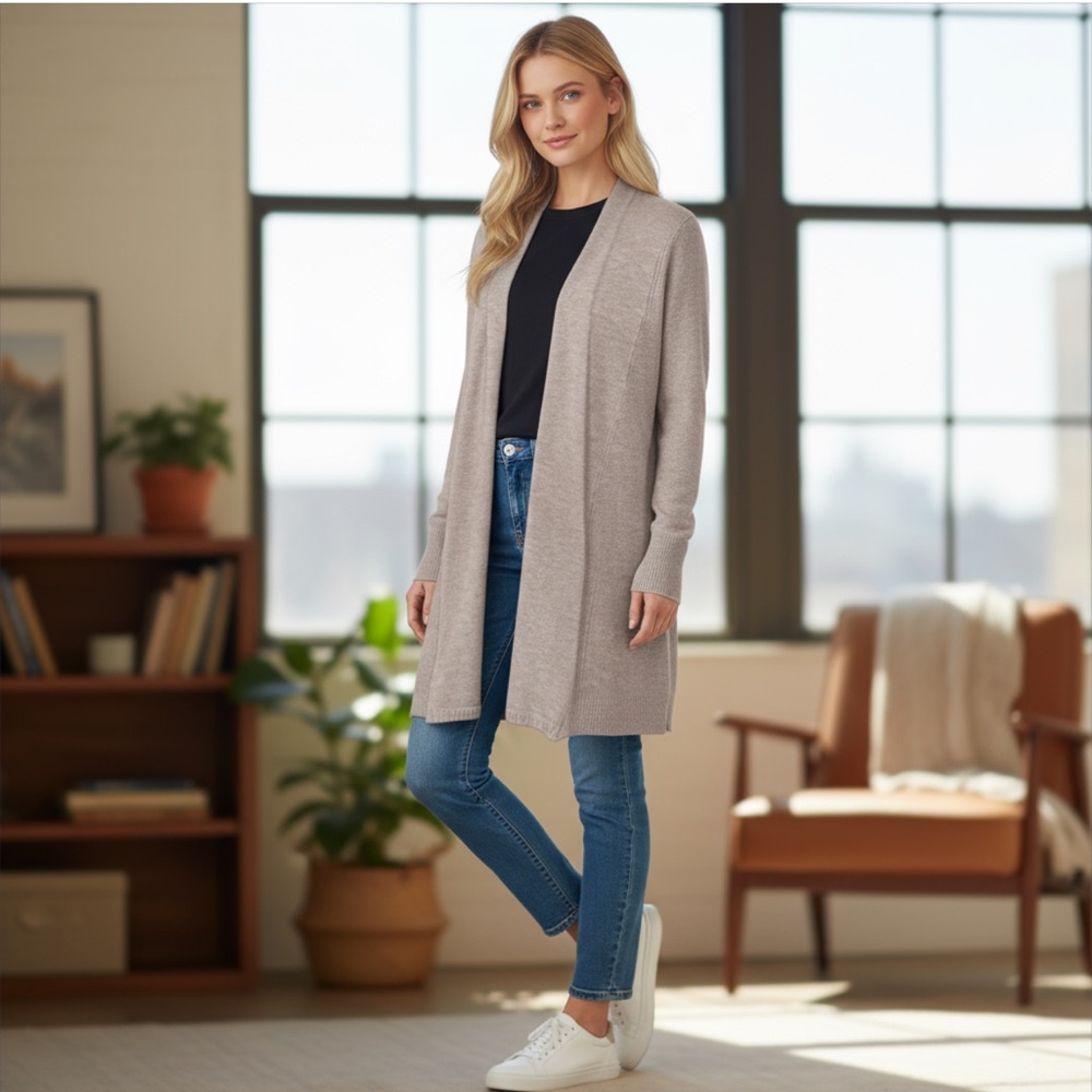 Dreamers Open Front Ribbed Draped Cardigan Mocha